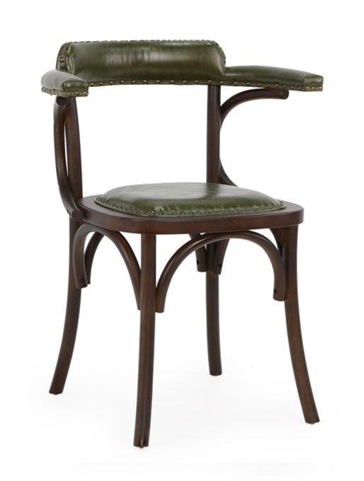 Chaise de bistrot vintage avec accoudoirs en bois et revêtement vert Bona