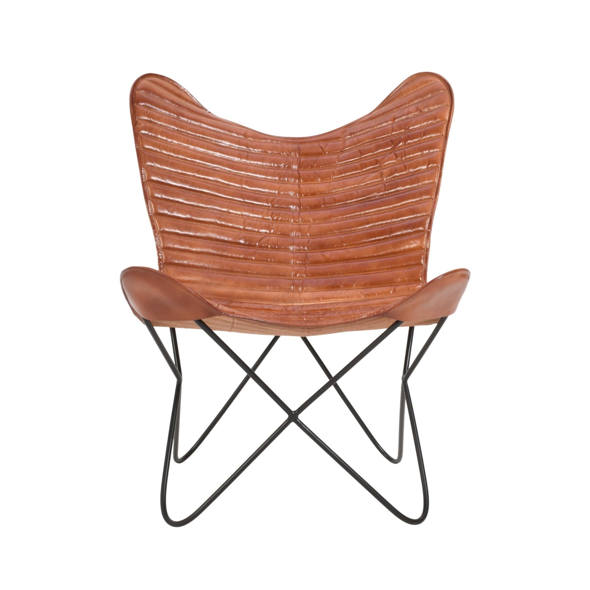 Silla vintage cuero marrón Butterfly tapizado rayas