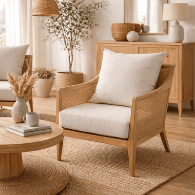 Fauteuil en bois et rotin naturel avec coussins rembourrés LIRA - Vintahome