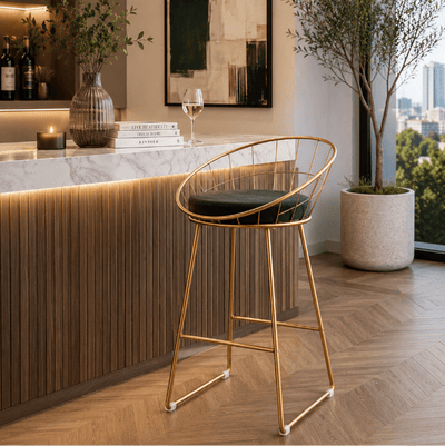Taburete de bar acero dorado y terciopelo verde Stefano - Vintahome