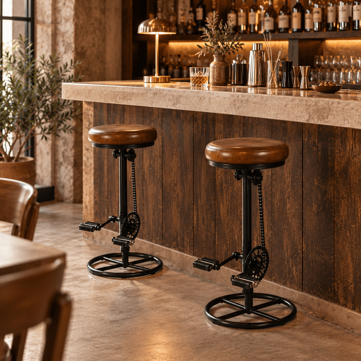 Taburete de bar pedales asiento cuero marrón - Vintahome