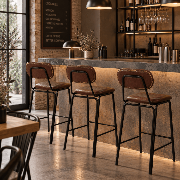 Taburete de bar vintage acero negro y semipiel marrón Jerald H65 - Vintahome