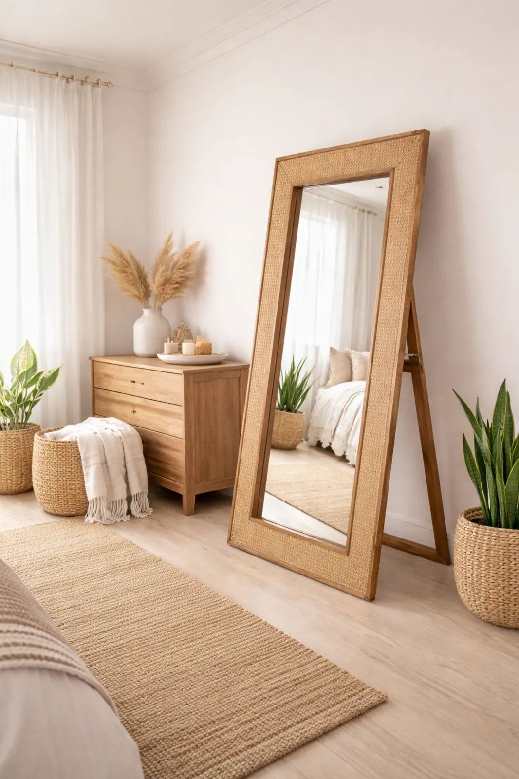 Espejo decorativo de pie de madera de mango y ratán en ambiente natural con luz cálida
