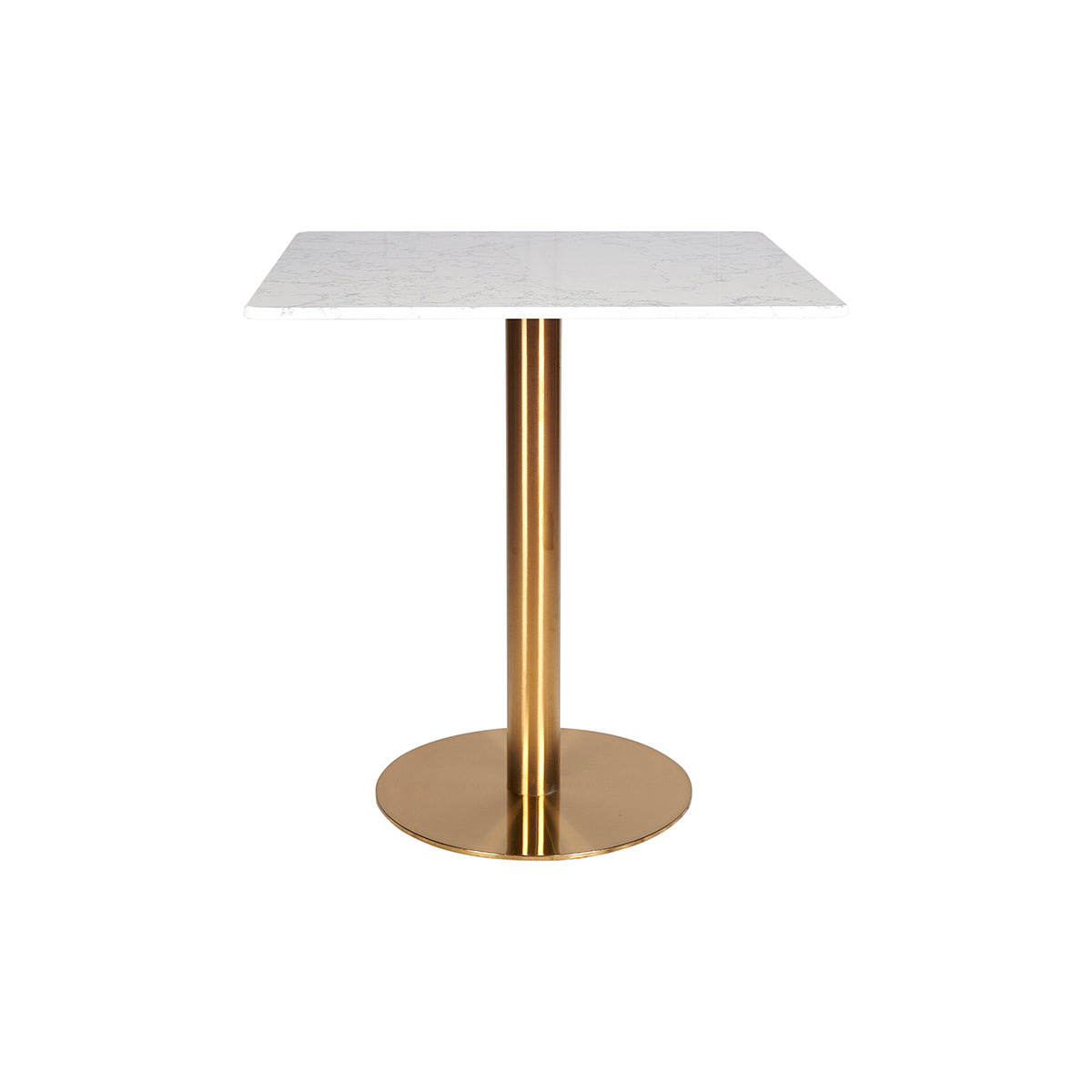 Mesa de jantar base em aço inox dourado tampo quadrado em mármore branco 70x70cm