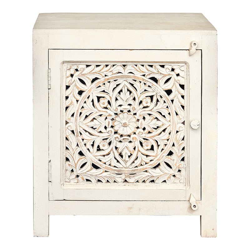 Mesita de noche Moly de madera blanca tallada