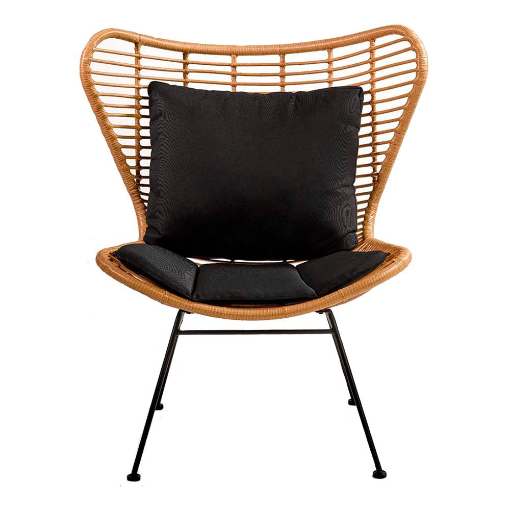Fauteuil Madame en rotin synthétique et acier noir avec coussins noirs